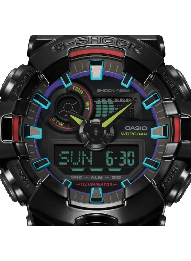 كاسيو ساعة كاسيو G-SHOCK GA-700RGB-1ADR للرجال بعرض تناظري ورقمي، مقاومة للصدمات، مقاومة للماء حتى 200 متر، سوار ريزن أسود بلمسات حمراء وخضراء - Image 3