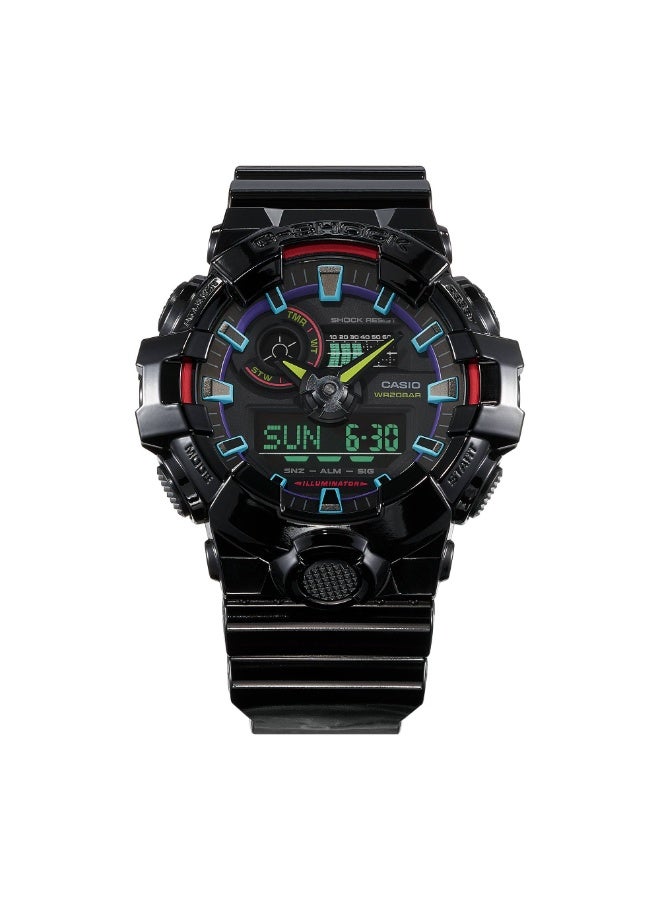كاسيو ساعة كاسيو G-SHOCK GA-700RGB-1ADR للرجال بعرض تناظري ورقمي، مقاومة للصدمات، مقاومة للماء حتى 200 متر، سوار ريزن أسود بلمسات حمراء وخضراء - Image 2