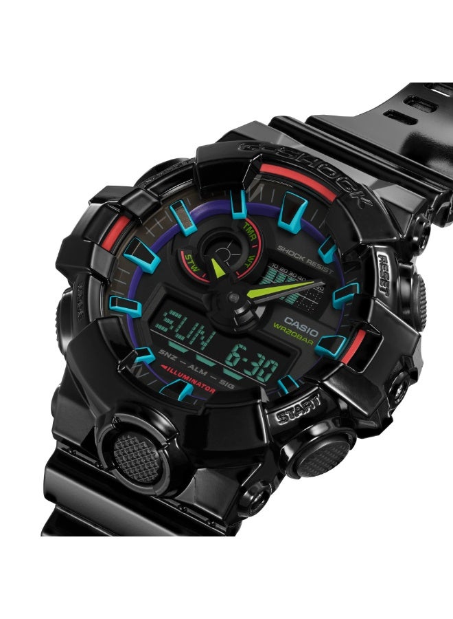 كاسيو ساعة كاسيو G-SHOCK GA-700RGB-1ADR للرجال بعرض تناظري ورقمي، مقاومة للصدمات، مقاومة للماء حتى 200 متر، سوار ريزن أسود بلمسات حمراء وخضراء - Image 4