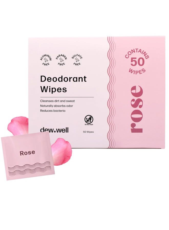 Dew Well Deodorant Wipes - A Fresh Start When You're On the Go - Aluminum, Paraben, and Sulfate Free - Rose Scent - 50 Individually Wrapped Wipes - Image 1