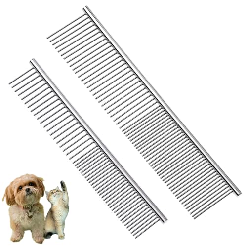 Flezoo 2PCS Dog and Cat Brush, Stainless Steel Pets Grooming Comb Kit, Detangler Deshedding Brush, Metal Knots Hair Remover 6.4" 7.5" - Image 1