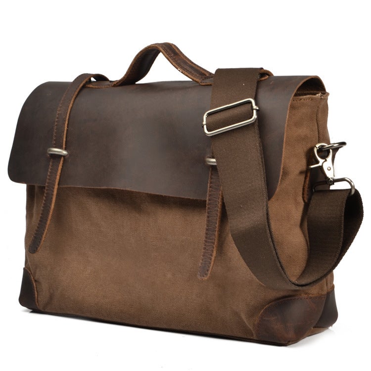 Men'S Cow Leather Crazy Horse Leather Canvas Shoulder Bag Men'S Bag Business Casual Portable Crossbody Bag Briefcase - Image 3