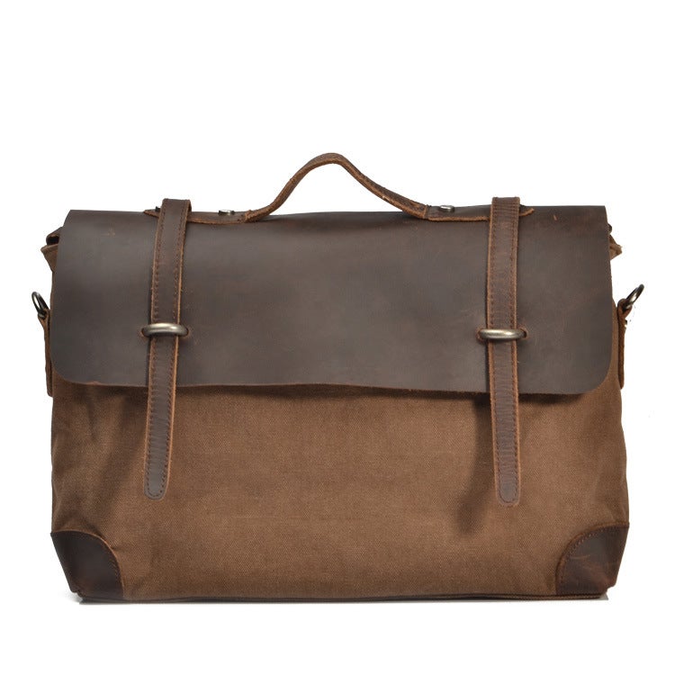 Men'S Cow Leather Crazy Horse Leather Canvas Shoulder Bag Men'S Bag Business Casual Portable Crossbody Bag Briefcase - Image 1