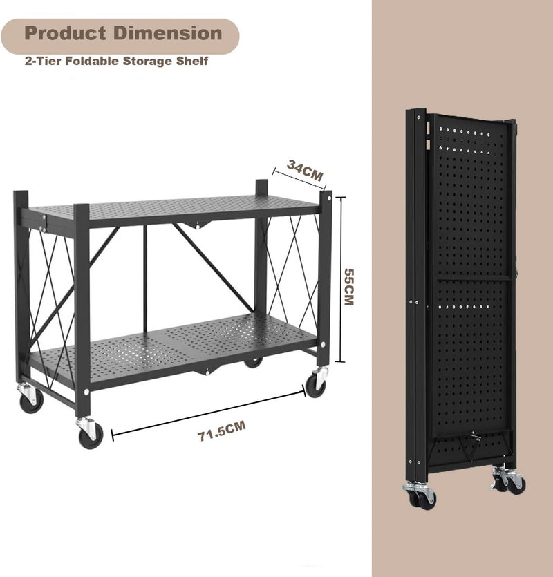 Bentifar 2 Tier Thickened Foldable Storage Rack with Wheels,No Assembly,Large Capacity Shelves,Heavy-Duty Metal Shelving Unit Rolling Cart for Garage, Kitchen, Basement, Pantry(Black, 2-Tier) - Image 2