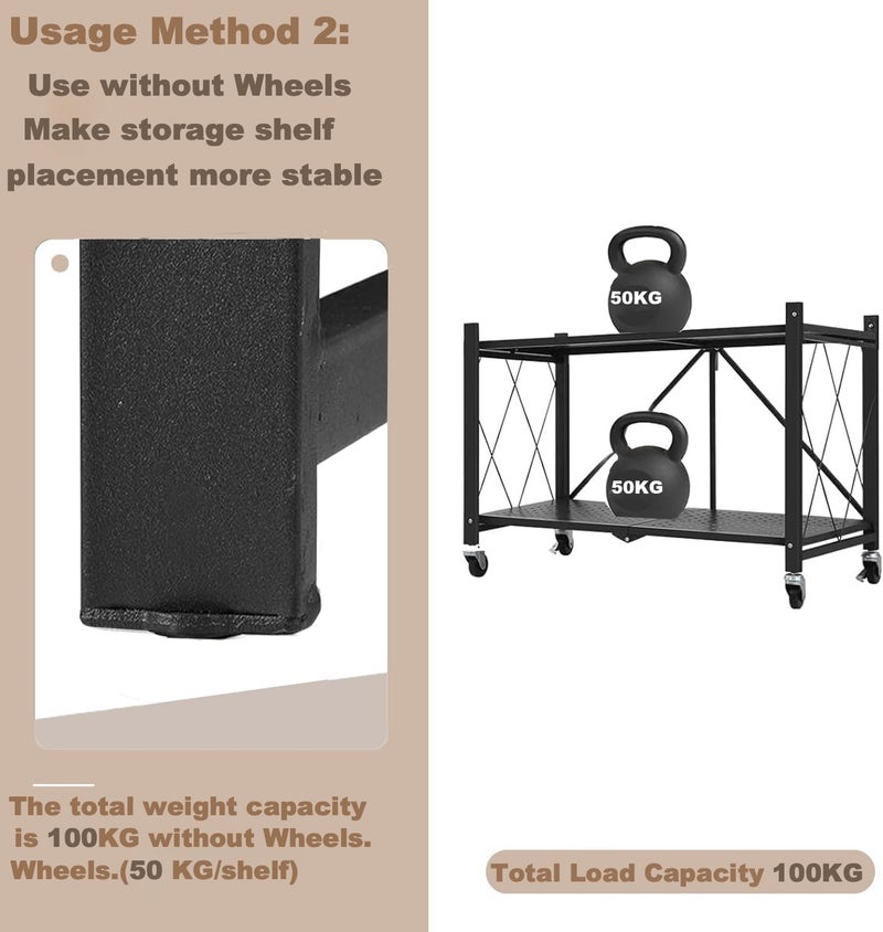 Bentifar 2 Tier Thickened Foldable Storage Rack with Wheels,No Assembly,Large Capacity Shelves,Heavy-Duty Metal Shelving Unit Rolling Cart for Garage, Kitchen, Basement, Pantry(Black, 2-Tier) - Image 4
