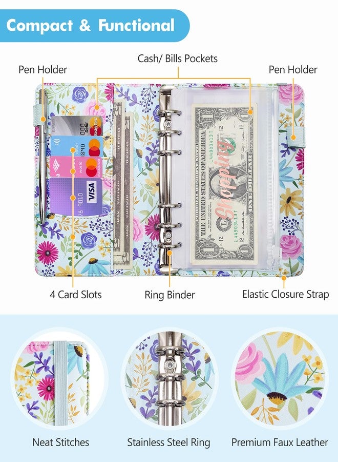 Zreal A6 Budget Binder for Money Saving, PU Leather Budget Planner with 8 Cash Envelopes, Budget Sheets & Rose Gold Category Stickers, Money Organizer for Cash (Blue Flower) - Image 4