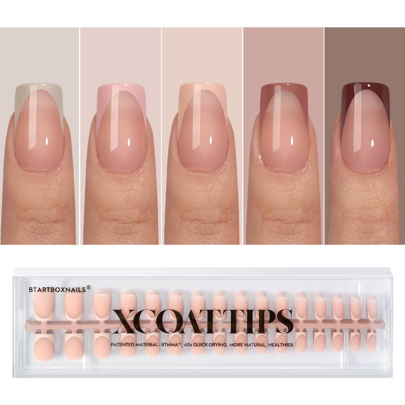 BTArtboxnails XCOATTIPS أظافر مضغوطة بأطراف فرنسية أظافر مزيفة أظافر قصيرة مربعة بأطراف تناسب ألوان البشرة مادة هلامية ناعمة أكريليك أظافر مزيفة هدية لعملها بنفسك في المنزل