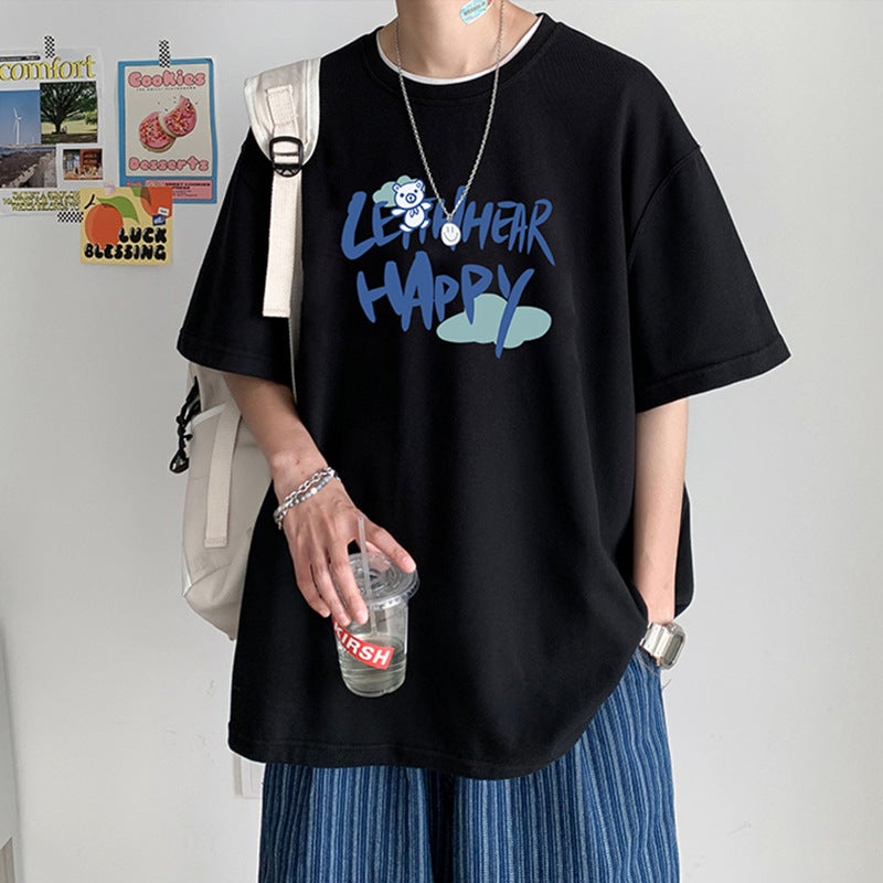 2024 Summer Short-sleeved T-shirt Mens Loose Trendy Ins Hong Kong Style All-match T-shirt Top Plus Size Half-sleeve Top for Chubby Black T128LE Bear 