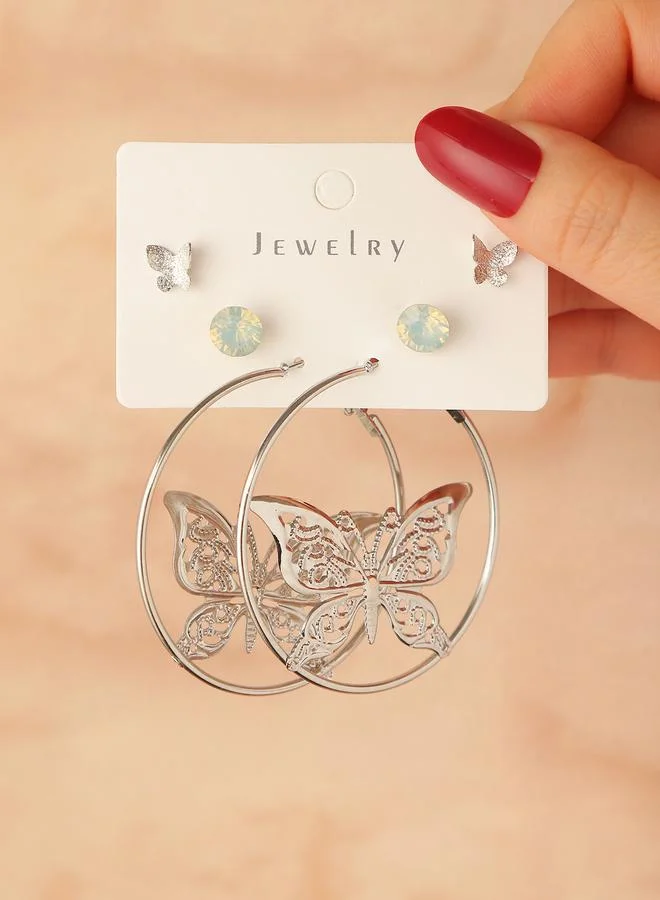 Take Two Set of 3 -  Butterfly Hoop and Stud Earrings