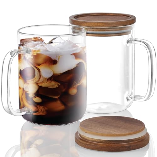 DRASTAR Glass Coffee Mugs, 20 oz Clear Coffee Cups, Coffee Mug with Acacia Wood Lid, Tea Glass Cups with Handles, Large Coffee Mug Set of 2, Glass Coffee Cups for Latte, Espresso, Tea - Image 1