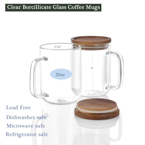 DRASTAR Glass Coffee Mugs, 20 oz Clear Coffee Cups, Coffee Mug with Acacia Wood Lid, Tea Glass Cups with Handles, Large Coffee Mug Set of 2, Glass Coffee Cups for Latte, Espresso, Tea - Image 3