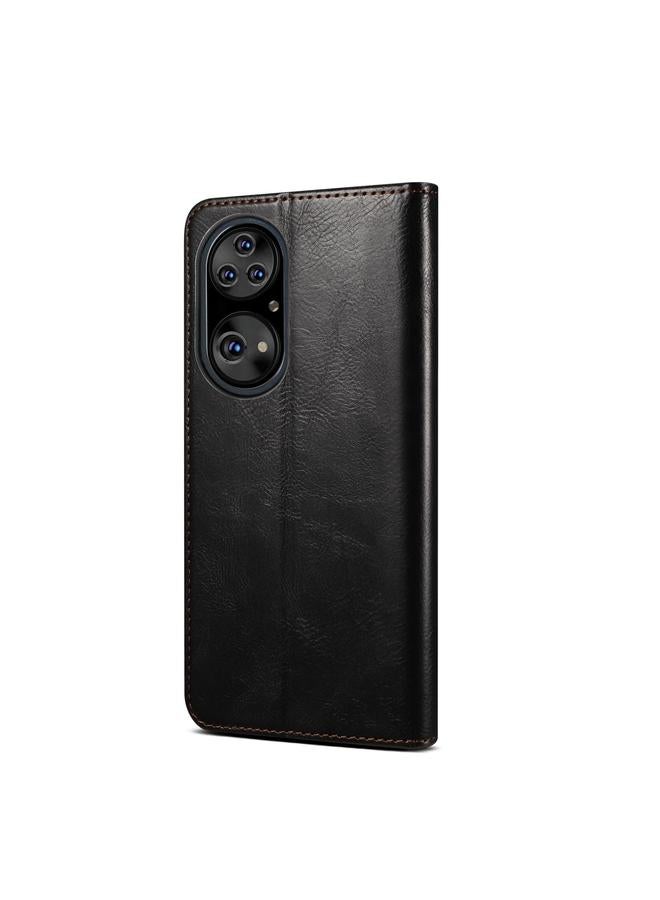 اس-توب جراب لهاتف Huawei P50 Pro، جراب جلدي أفقي قابل للطي بتصميم بسيط من الشمع، مع فتحات للبطاقات وحامل - Image 3