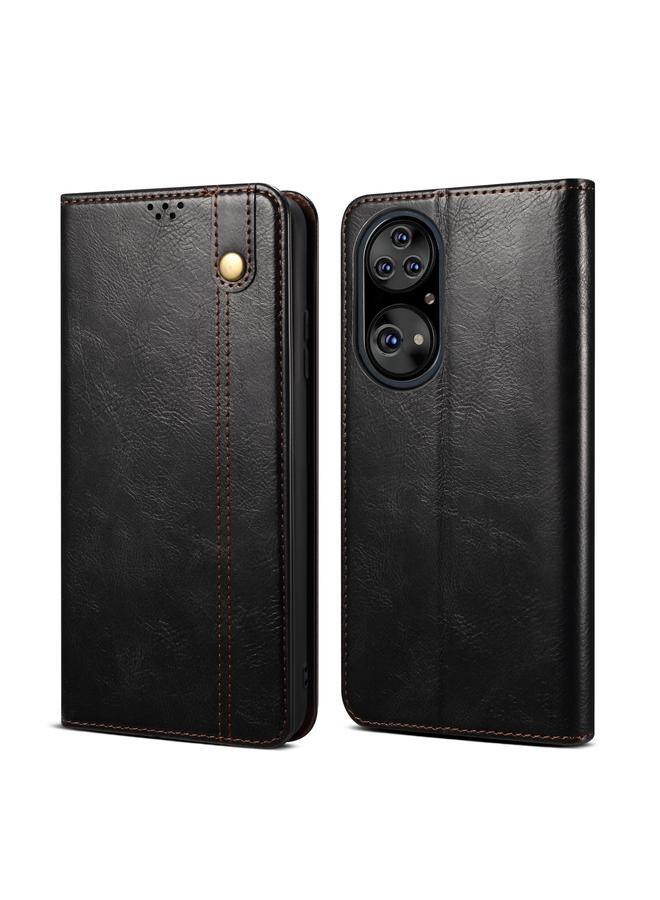 اس-توب جراب لهاتف Huawei P50 Pro، جراب جلدي أفقي قابل للطي بتصميم بسيط من الشمع، مع فتحات للبطاقات وحامل - Image 1