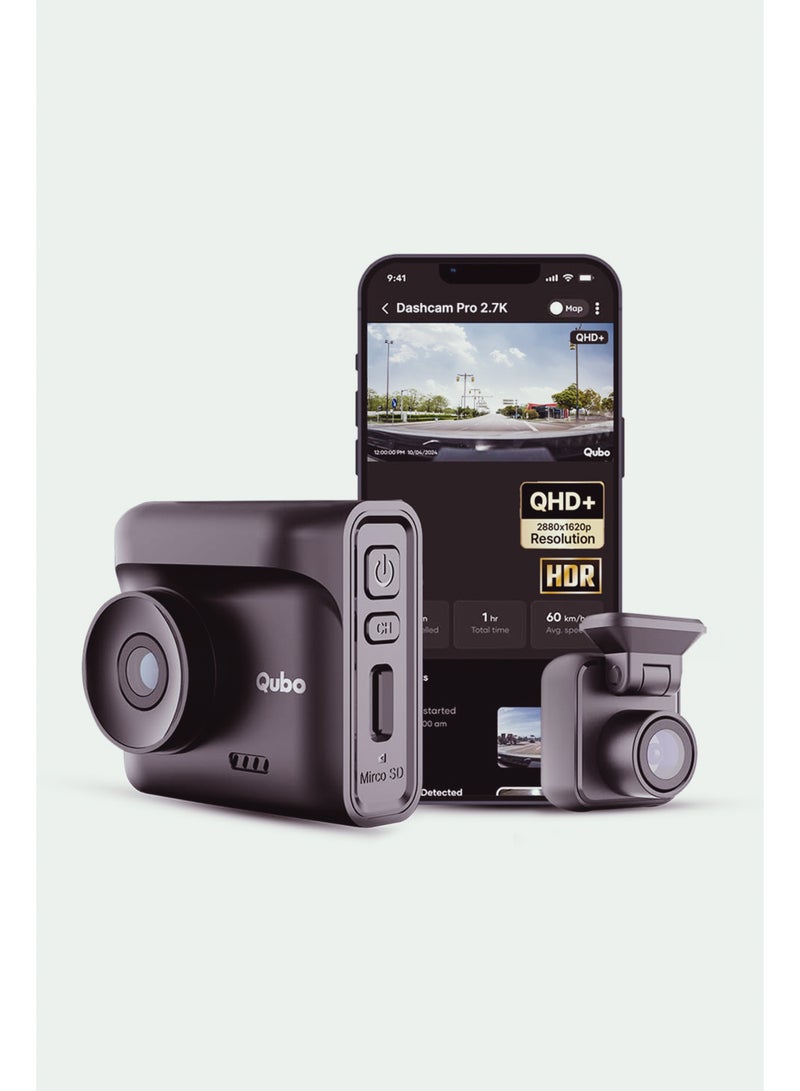 Qubo Car Dashcam Pro 2.7K by Hero Group | NightPulse Vision | Dual Channel: 5MP QHD+ Front (140°), 2MP FHD Rear (120°) | G-Sensor | 2" LCD | Built-in GPS, Wi-Fi, Mic | App | Up to 1TB Storage| Made in India - Image 1