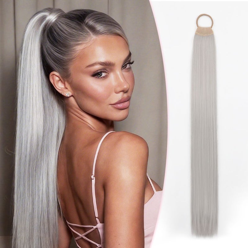 Gray 28 Inch Long Ponytail Increases Hair Volume Lengthens Daily Wear - Image 1
