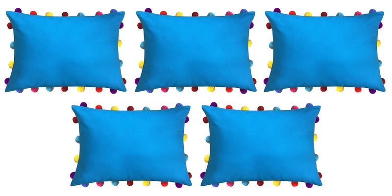 Lushomes Cushion Cover 14x20, Boho Cushion Covers, Sofa Pillow Cover, Cushion Covers with Tassels, Cushion Cover with pom pom (14x20 Inches, Set of 5, Blue) - Image 1
