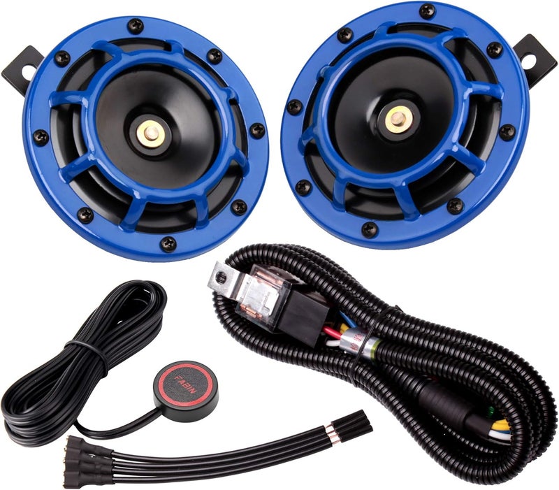 FARBIN Car Horn 12v Loud Motorcycle Horns High/Low Super tone Electric Train Horns for Car (Blue horn with wire button) - Image 1