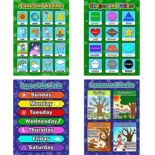 Bememo 4 Pieces Educational Learning Posters, Days of the Week, Shapes and Colors, Seasons and Months, Planet and Weather Charts for Toddlers and Kids - Image 1