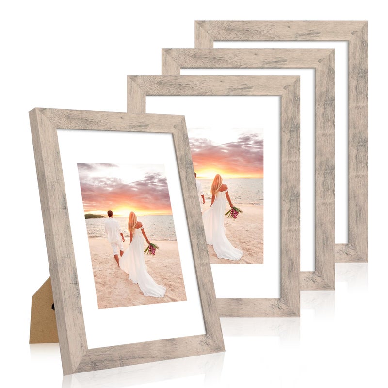 iRahmen 8x12 Picture Frame Set of 4 with HD Glass  Display 6x8 Picture Frame with Mat or 8 x 12 Without Mat  Wood Rustic Picture Frames for Horizontal or Vertical Table Top and Wall Mounting - Image 1