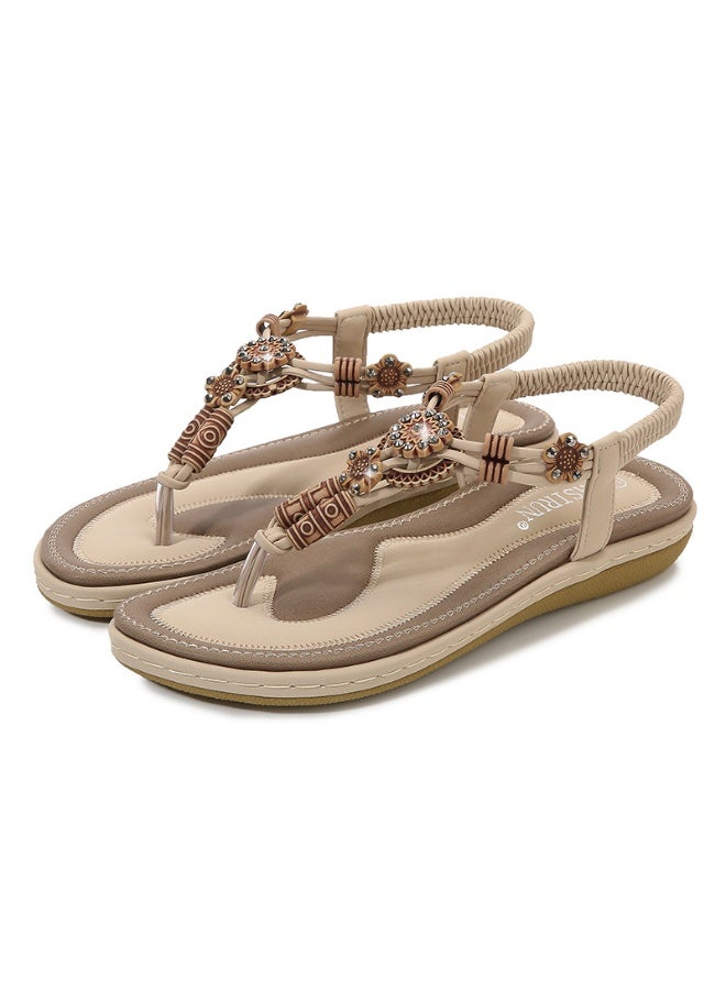 NIBEMINENT Summer  Women's Sandals Bohemian Wooden Beads Woven Large Size Flat Casual Shoes Women's Shoes  - Image 1