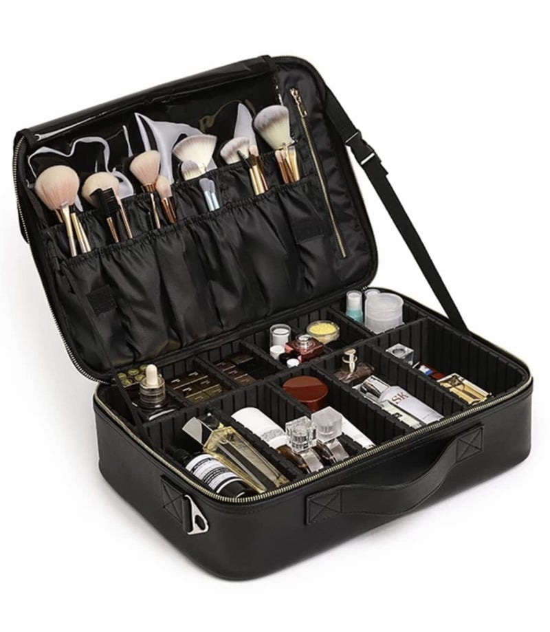 Adson Professional Large Makeup Case Cosmetic Train Case Makeup Bag Organizer Professional Waterproof Travel Cosmetic Case Box with Removable Dividers Shoulder Strap (Black) - Image 1