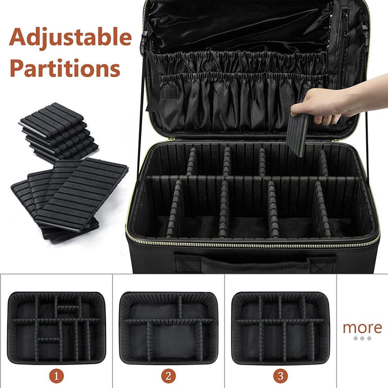 Adson Professional Large Makeup Case Cosmetic Train Case Makeup Bag Organizer Professional Waterproof Travel Cosmetic Case Box with Removable Dividers Shoulder Strap (Black) - Image 3