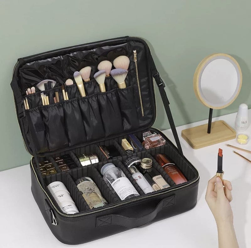 Adson Professional Large Makeup Case Cosmetic Train Case Makeup Bag Organizer Professional Waterproof Travel Cosmetic Case Box with Removable Dividers Shoulder Strap (Black) - Image 4