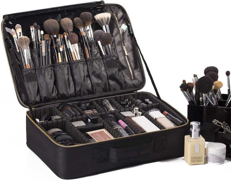 Adson Professional Large Makeup Case Cosmetic Train Case Makeup Bag Organizer Professional Waterproof Travel Cosmetic Case Box with Removable Dividers Shoulder Strap (Black) - Image 2