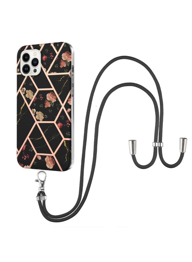 اس-توب جراب لهاتف iPhone 15 Pro مصنوع من مادة TPU المقاومة للصدمات بتصميم زهور رخامية مطلية بالكهرباء مع حبل تعليق - Image 2