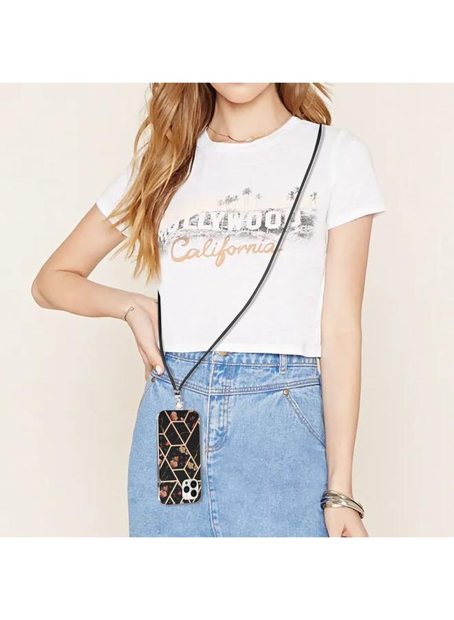 اس-توب جراب لهاتف iPhone 15 Pro مصنوع من مادة TPU المقاومة للصدمات بتصميم زهور رخامية مطلية بالكهرباء مع حبل تعليق - Image 4