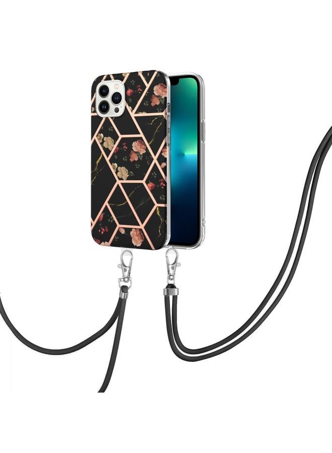 اس-توب جراب لهاتف iPhone 15 Pro مصنوع من مادة TPU المقاومة للصدمات بتصميم زهور رخامية مطلية بالكهرباء مع حبل تعليق - Image 1