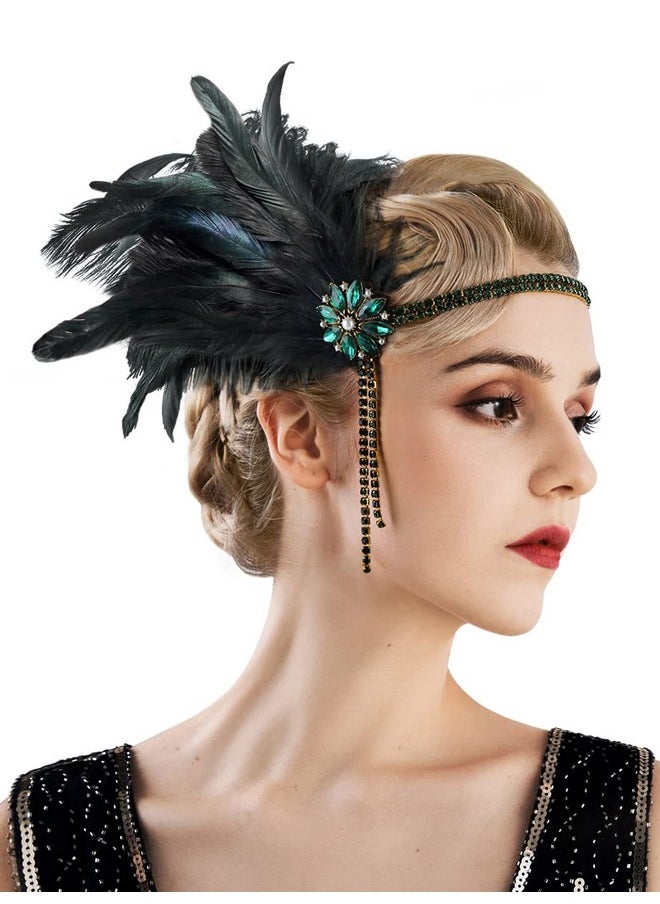 SWEETV 1920S Headpiece Flapper Headband Rhinestone Pearl Feather Hair Band Great Gatsby Headpiece Accessoreis For Womengreen  - Image 1