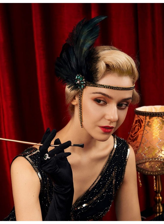 SWEETV 1920S Headpiece Flapper Headband Rhinestone Pearl Feather Hair Band Great Gatsby Headpiece Accessoreis For Womengreen  - Image 3