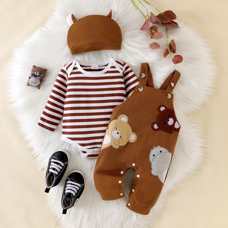 FOCICI 3-6 Months Boy Clothes Long Sleeve Striped Romper + Cartoon Adjustable Suspender Overall Fall Winter Outfits + Cute Hat Khaki 3-6 Months - Image 2