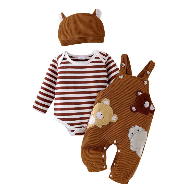 FOCICI 3-6 Months Boy Clothes Long Sleeve Striped Romper + Cartoon Adjustable Suspender Overall Fall Winter Outfits + Cute Hat Khaki 3-6 Months - Image 1