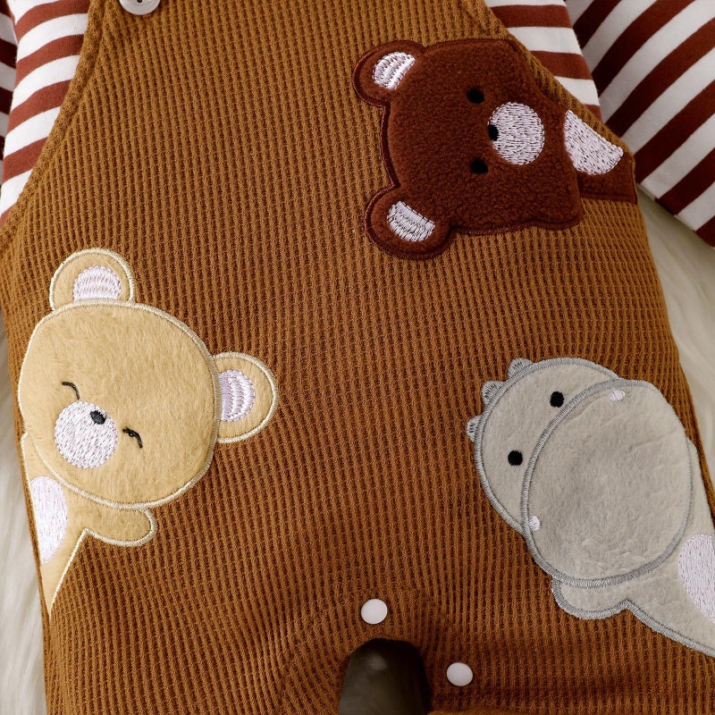 FOCICI 3-6 Months Boy Clothes Long Sleeve Striped Romper + Cartoon Adjustable Suspender Overall Fall Winter Outfits + Cute Hat Khaki 3-6 Months - Image 5