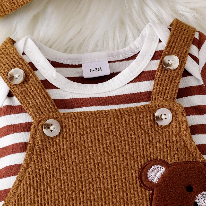 FOCICI 3-6 Months Boy Clothes Long Sleeve Striped Romper + Cartoon Adjustable Suspender Overall Fall Winter Outfits + Cute Hat Khaki 3-6 Months - Image 4