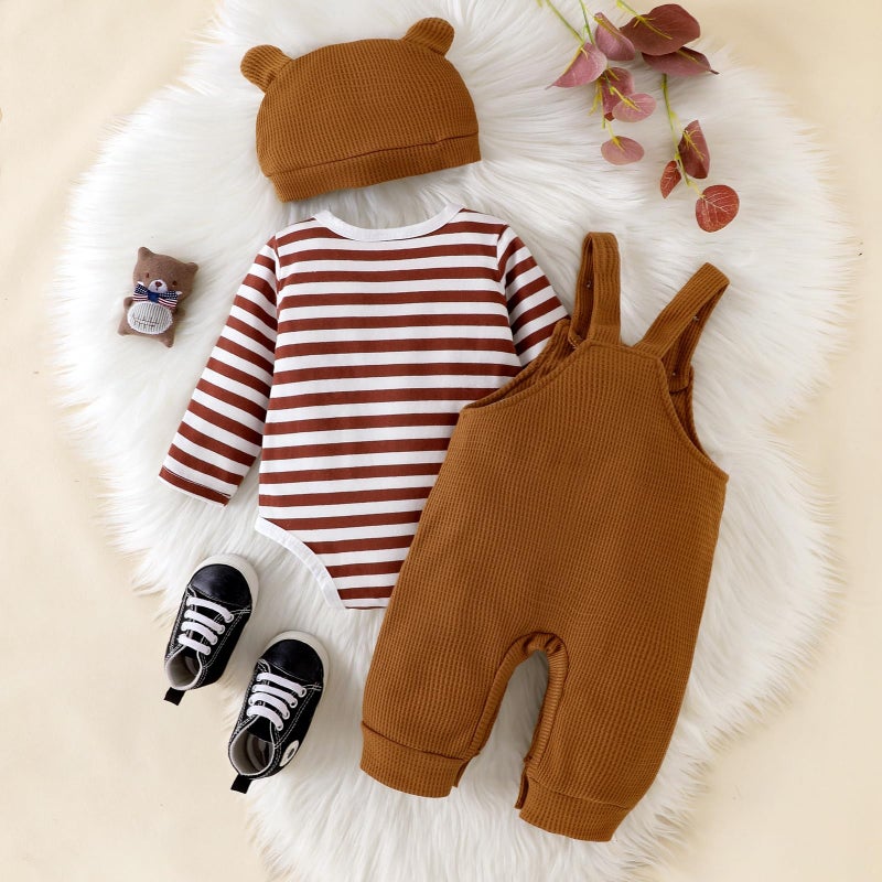 FOCICI 3-6 Months Boy Clothes Long Sleeve Striped Romper + Cartoon Adjustable Suspender Overall Fall Winter Outfits + Cute Hat Khaki 3-6 Months - Image 3