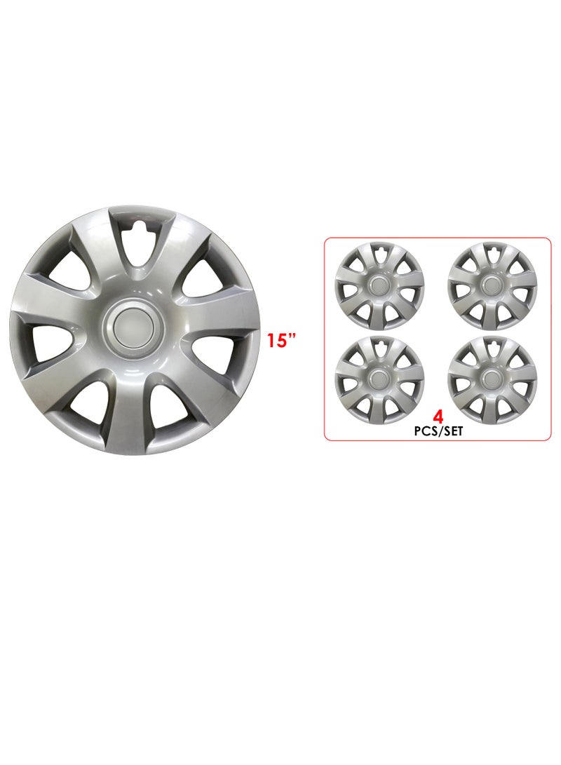 Universal Car 15Inch Wheel Hub Cap Cover With Logo - Nylon Silver, Set Of 4