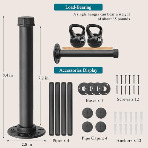 Cazzon Cast Iron Wall Mounted Clothes Rack Heavy Duty Industrial Pipe Clothing Rack for Hanging Clothes Garment Racks for Wardrobe Organizers and Storage DIY Closet Rods Closet Bar Black 4 Pack 8 in - Image 3