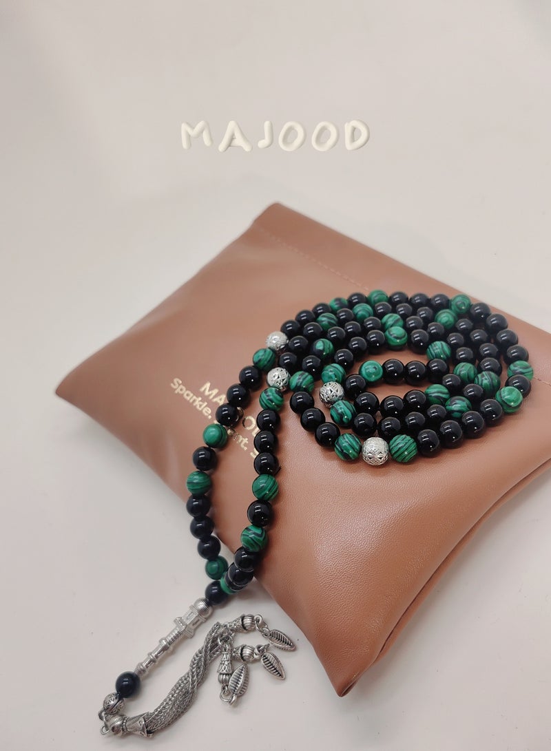 موجود 99 خرزة مسبحة من الملكيت والعقيق الأسود/8 مم - Image 1