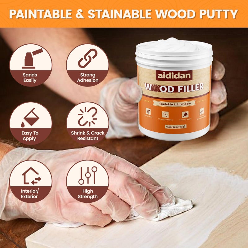 aididan Wood Filler, Wood Repair Kit, 16 Ounce Paintable & Stainable Wood Putty Filler, Wood Scratch Cracks Holes Repair Furniture, Exterior Wood Filler Water Resistant, Wood Putty (White) - Image 2