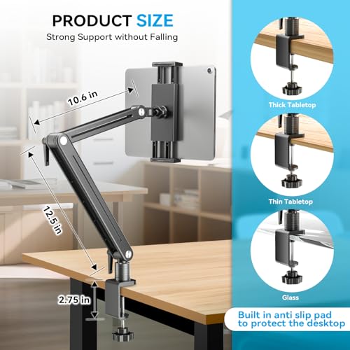 Jakeko Adjustable Tablet Mount for Desk - 360 Degree Rotating Base Tall Arm Holder Stand Swivel Flexible Clamp Soporte para Tablet/Portable Monitor/Ebook - Image 3