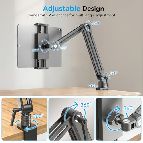 Jakeko Adjustable Tablet Mount for Desk - 360 Degree Rotating Base Tall Arm Holder Stand Swivel Flexible Clamp Soporte para Tablet/Portable Monitor/Ebook - Image 4