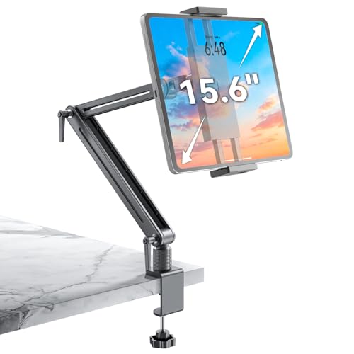 Jakeko Adjustable Tablet Mount for Desk - 360 Degree Rotating Base Tall Arm Holder Stand Swivel Flexible Clamp Soporte para Tablet/Portable Monitor/Ebook - Image 1