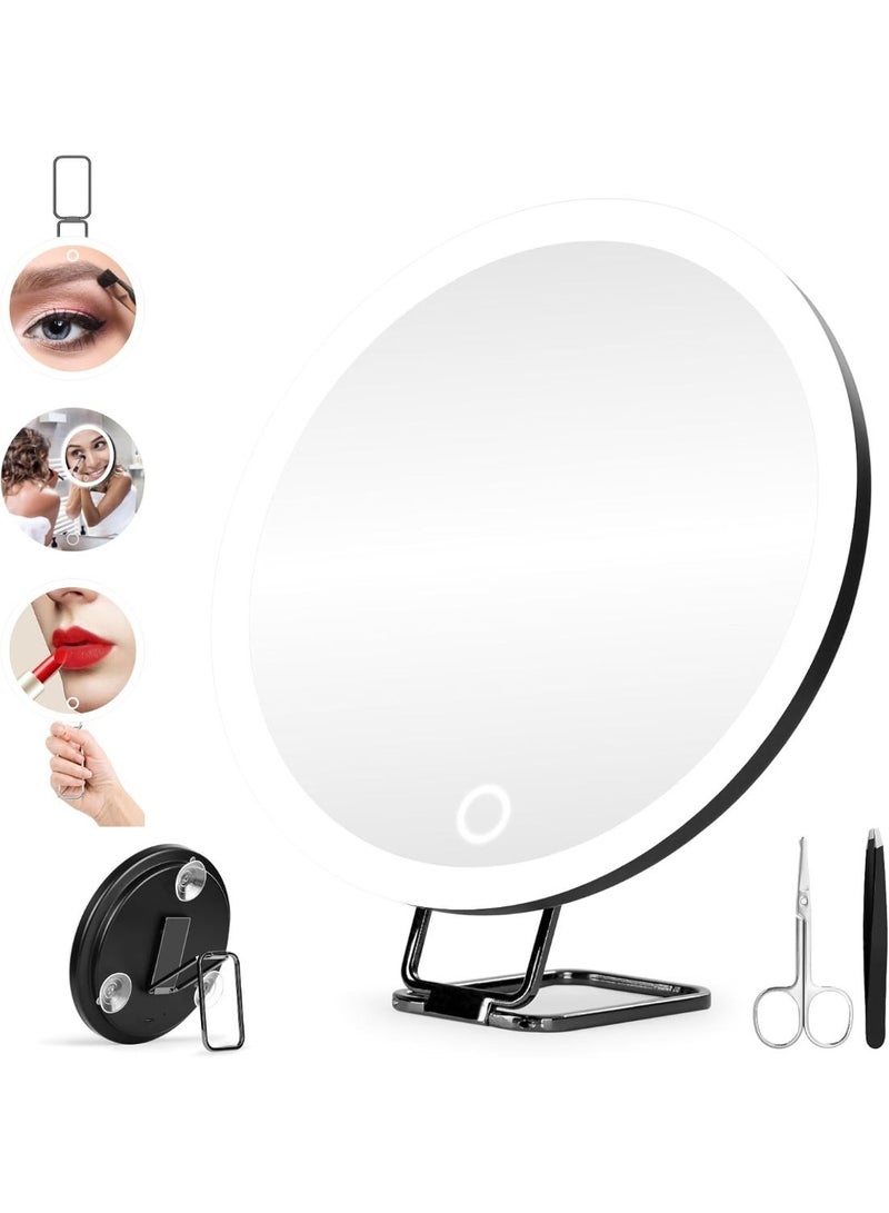 10X Magnifying Makeup Mirror with LED Light 6-Inch Lighted Travel Vanity Mirror with Suction Cups and Adjustable Stand Includes Tweezers & Scissors Set - Image 1