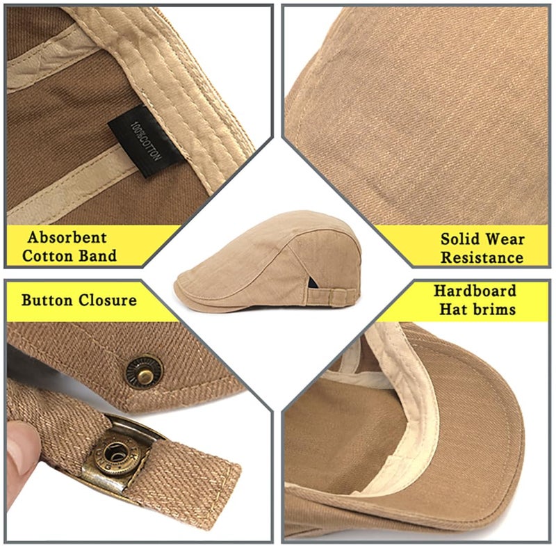 Xinveen Newsboy Hats for Men Flat Cap Cotton Adjustable Breathable Irish Cabbie Ivy Driving Hunting Hat Khaki - Image 3