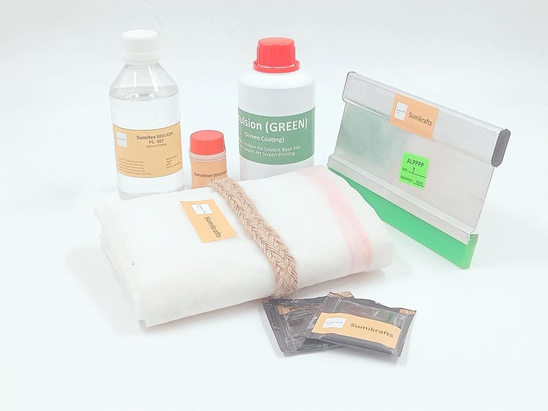 sumikrafts sumikrafts Screen Printing kit Photo Emulsion Green 200gmSensitizer 10 gm1 metre Nylon mesh no 16sumitex Reducer pc 007200gm7 inch Stopper2 decoating Powder 5gm sachetsOption 4
