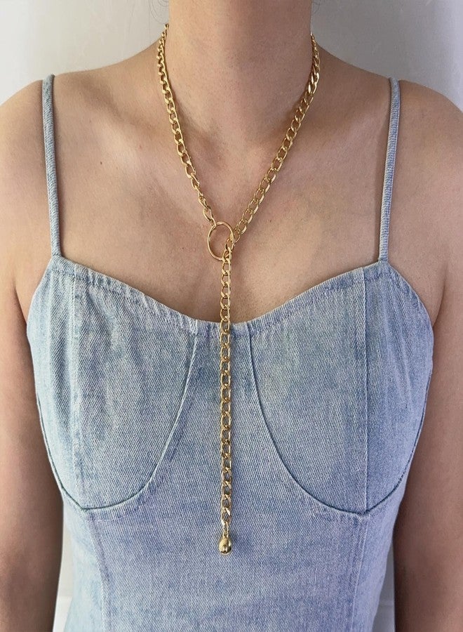 Decixde Gothic O-Ring Pendant Necklace - Slip Chain, Adjustable Lariat Y-Necklace, Chunky Choker for Women & Men (Gold) - Image 2