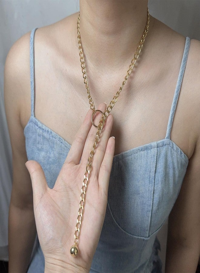 Decixde Gothic O-Ring Pendant Necklace - Slip Chain, Adjustable Lariat Y-Necklace, Chunky Choker for Women & Men (Gold) - Image 4